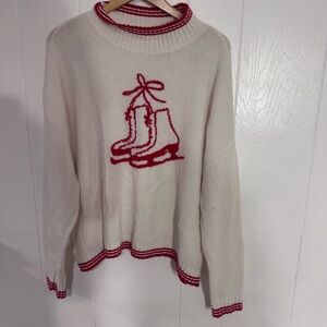 LOFT Cream Sweater with Red Ice Skate Design